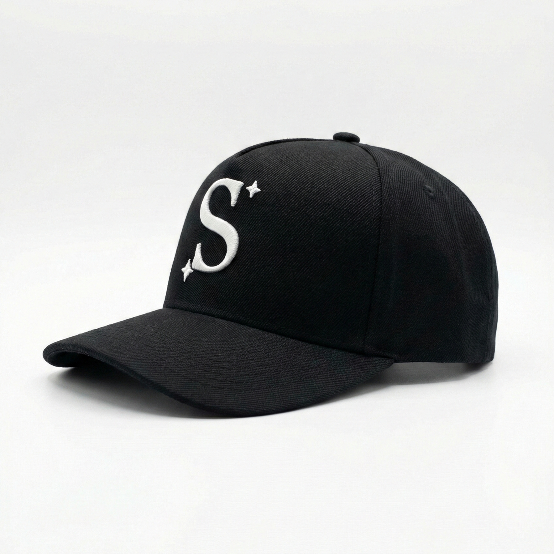 Black trucker cap with a white logo