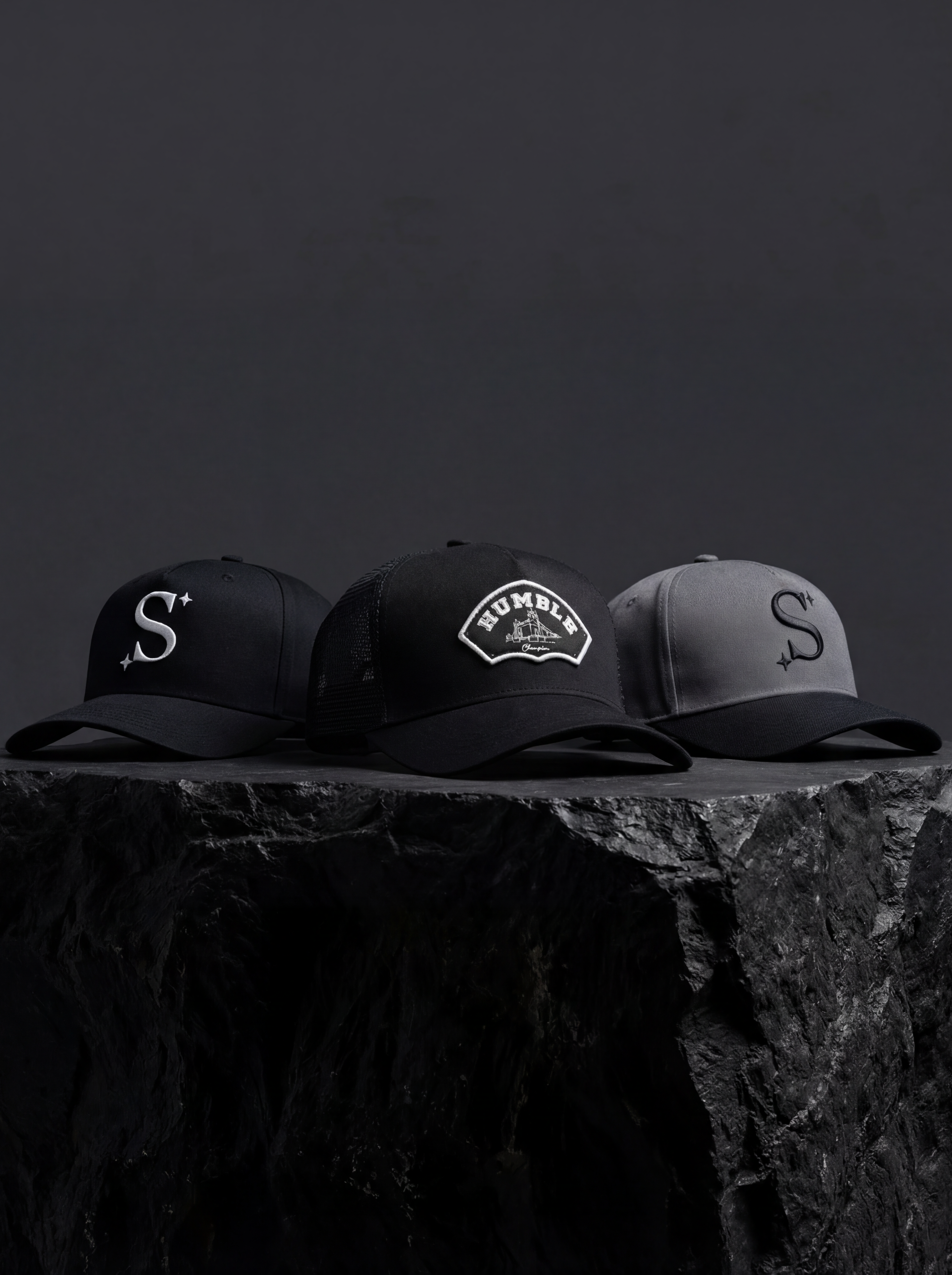 Three trucker caps with logos