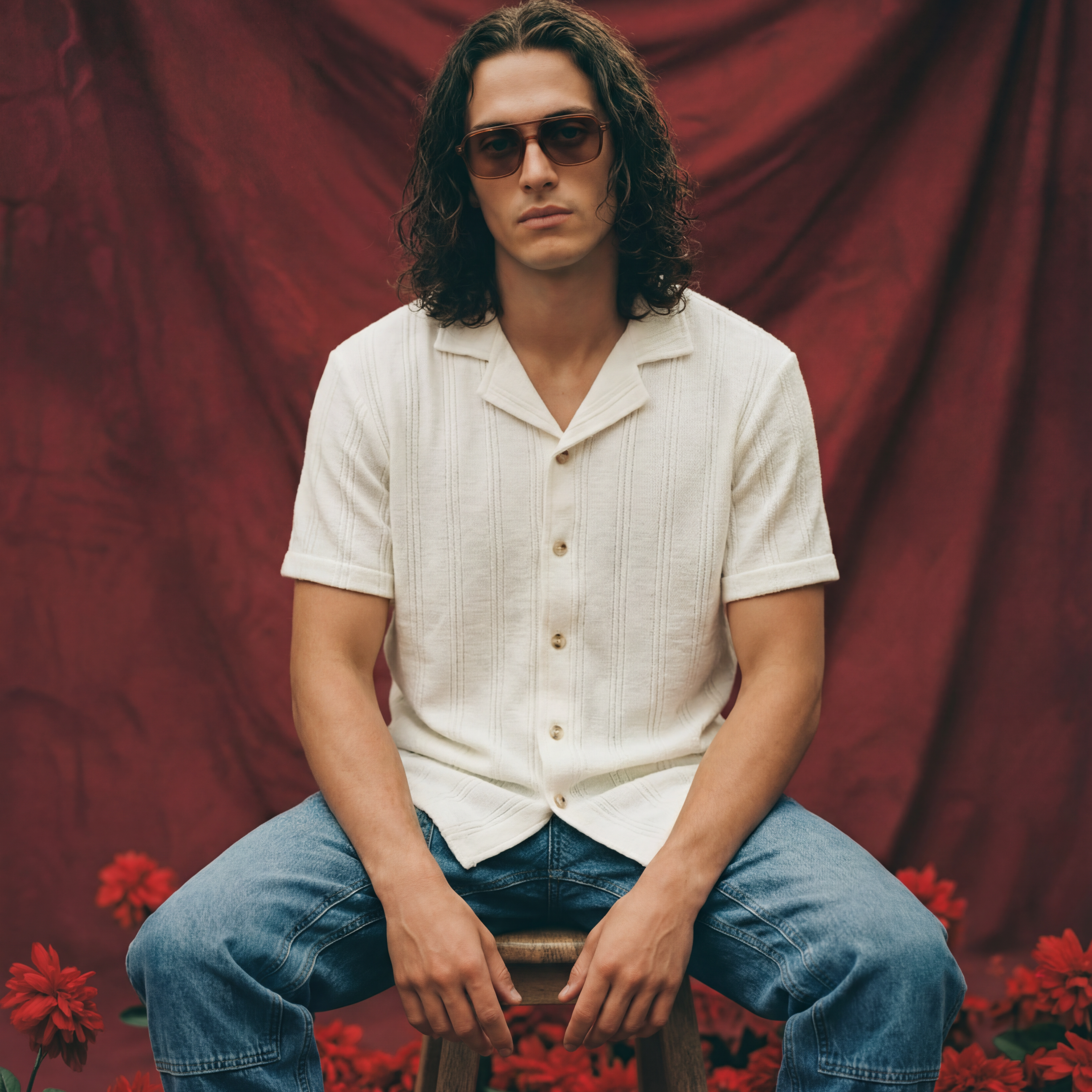 Man sitting wearing a cream knitted shirt with blue carpenter jeans