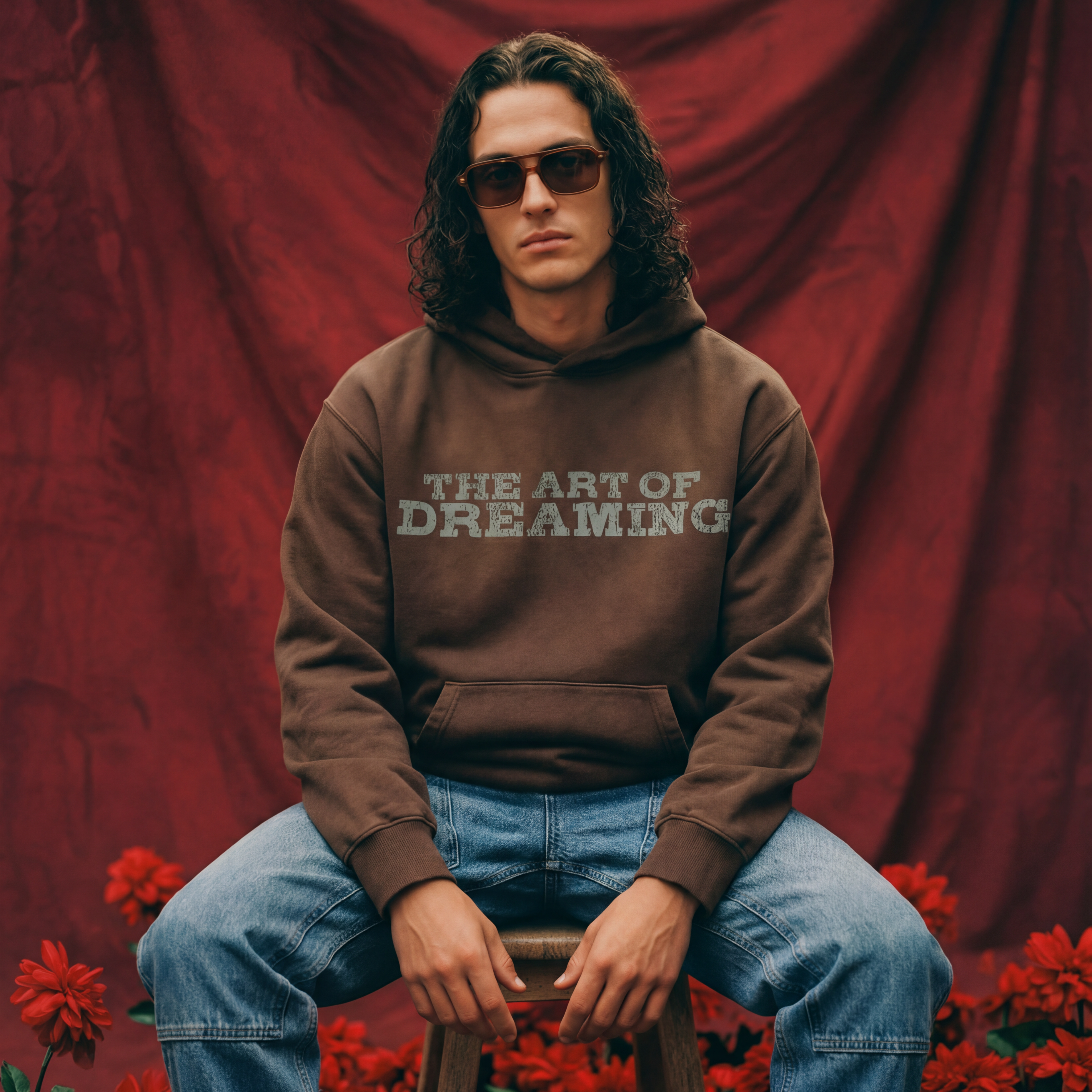Man wearing a hoodie with 'The Art of Dreaming' text, sitting on a stool with blue carpenter jeans.