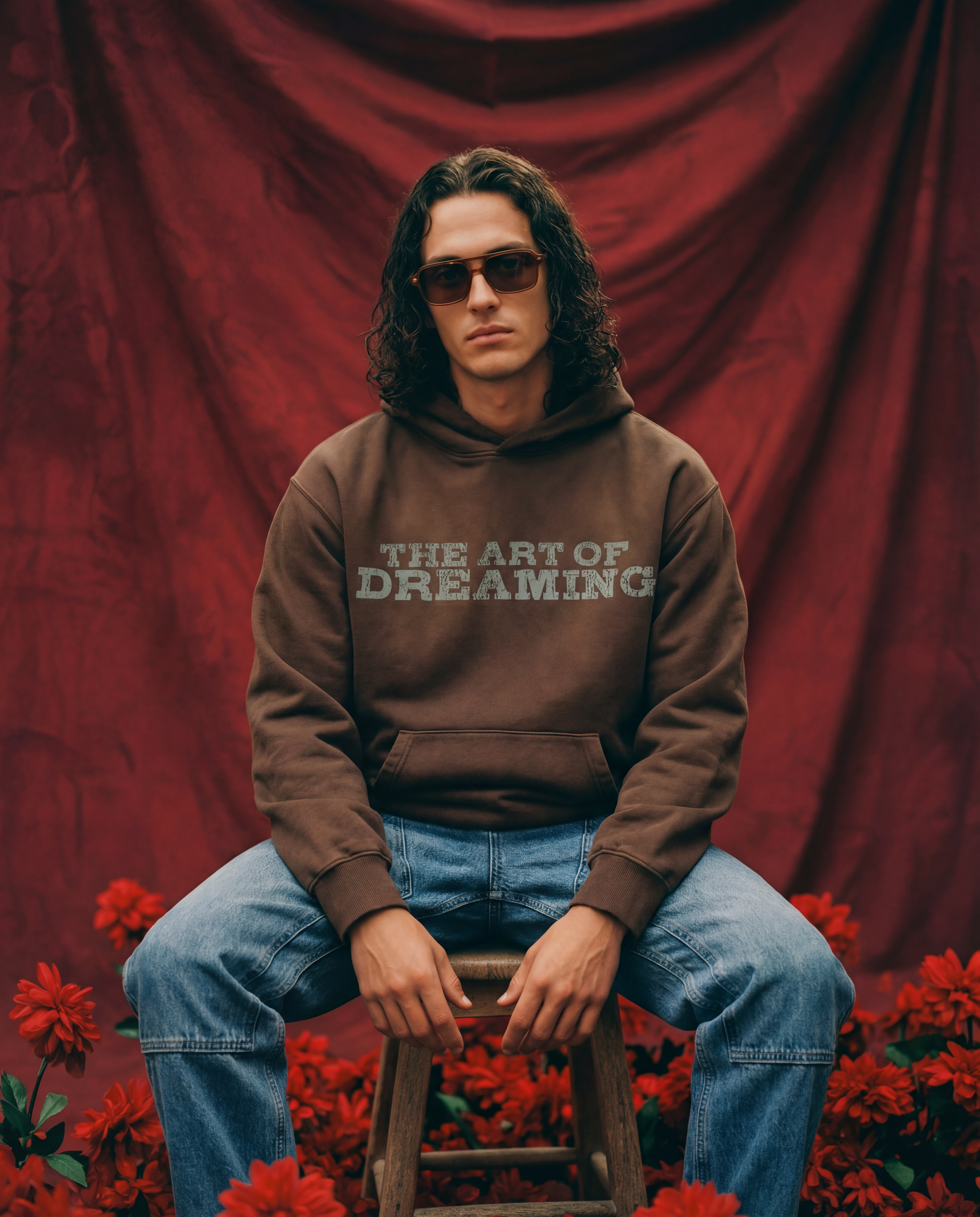 Man wearing a hoodie with 'The Art of Dreaming' text, sitting on a stool with blue carpenter jeans.