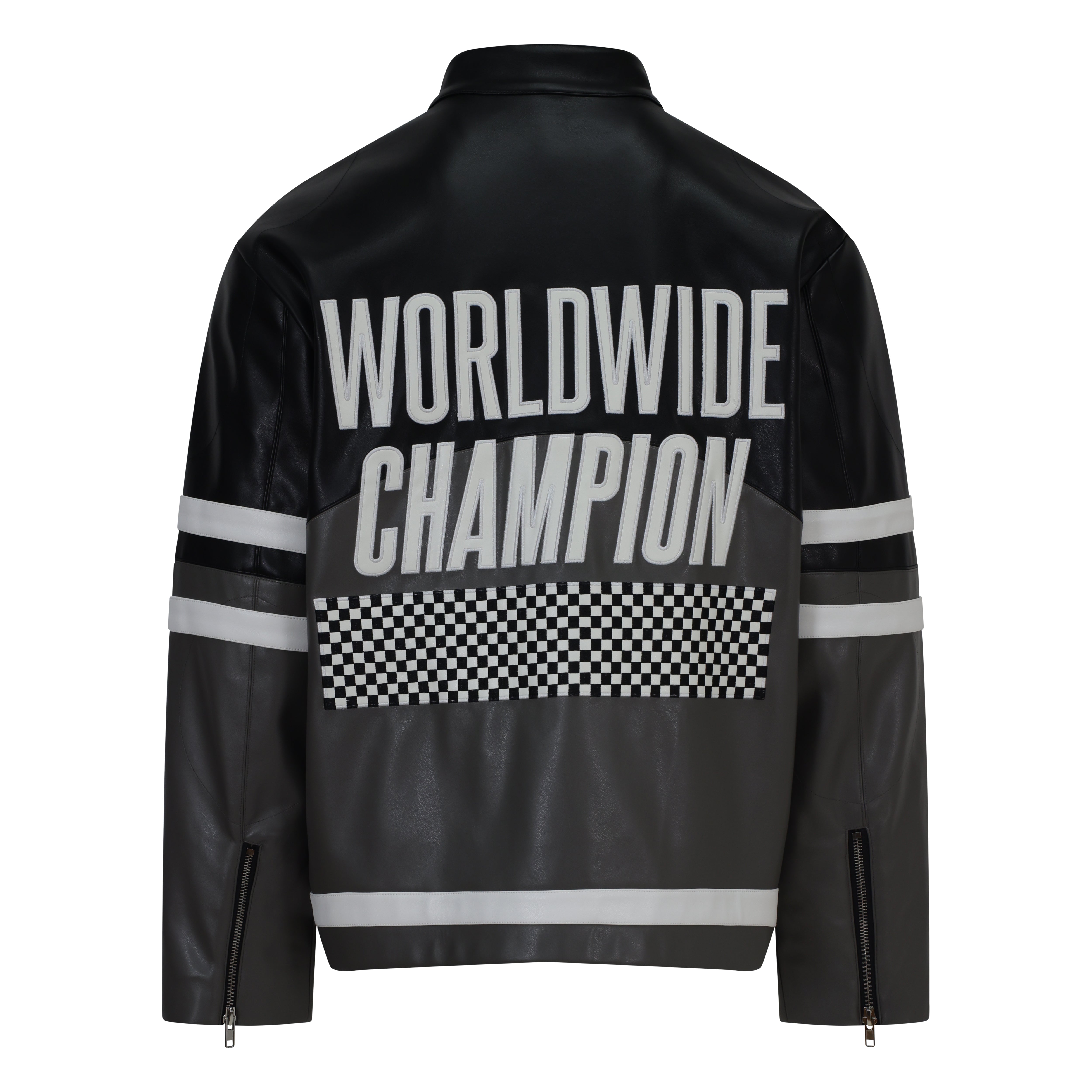 Black leather jacket with 'Worldwide Champion'