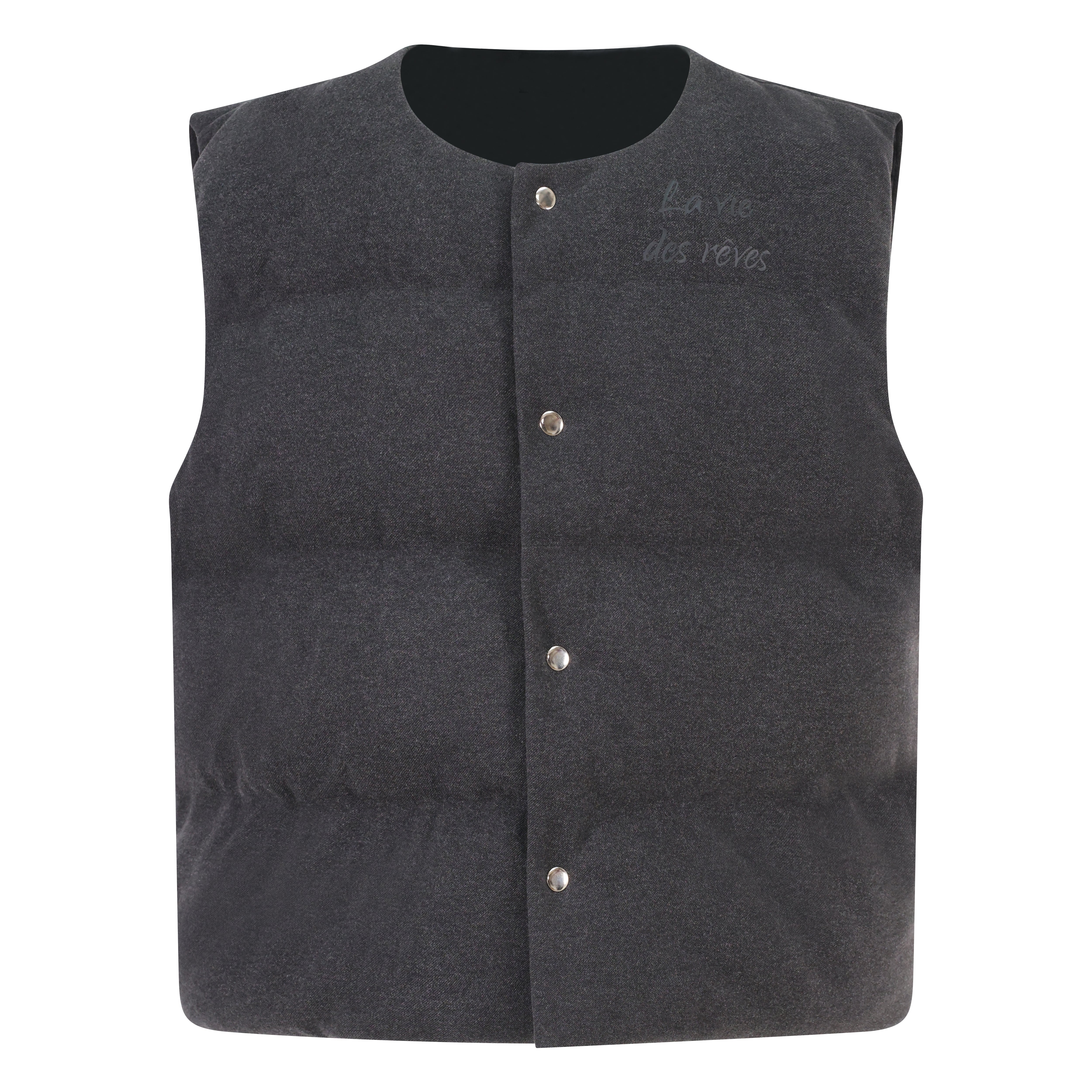 A grey puffer gilet with button-up front closure and a round neckline.