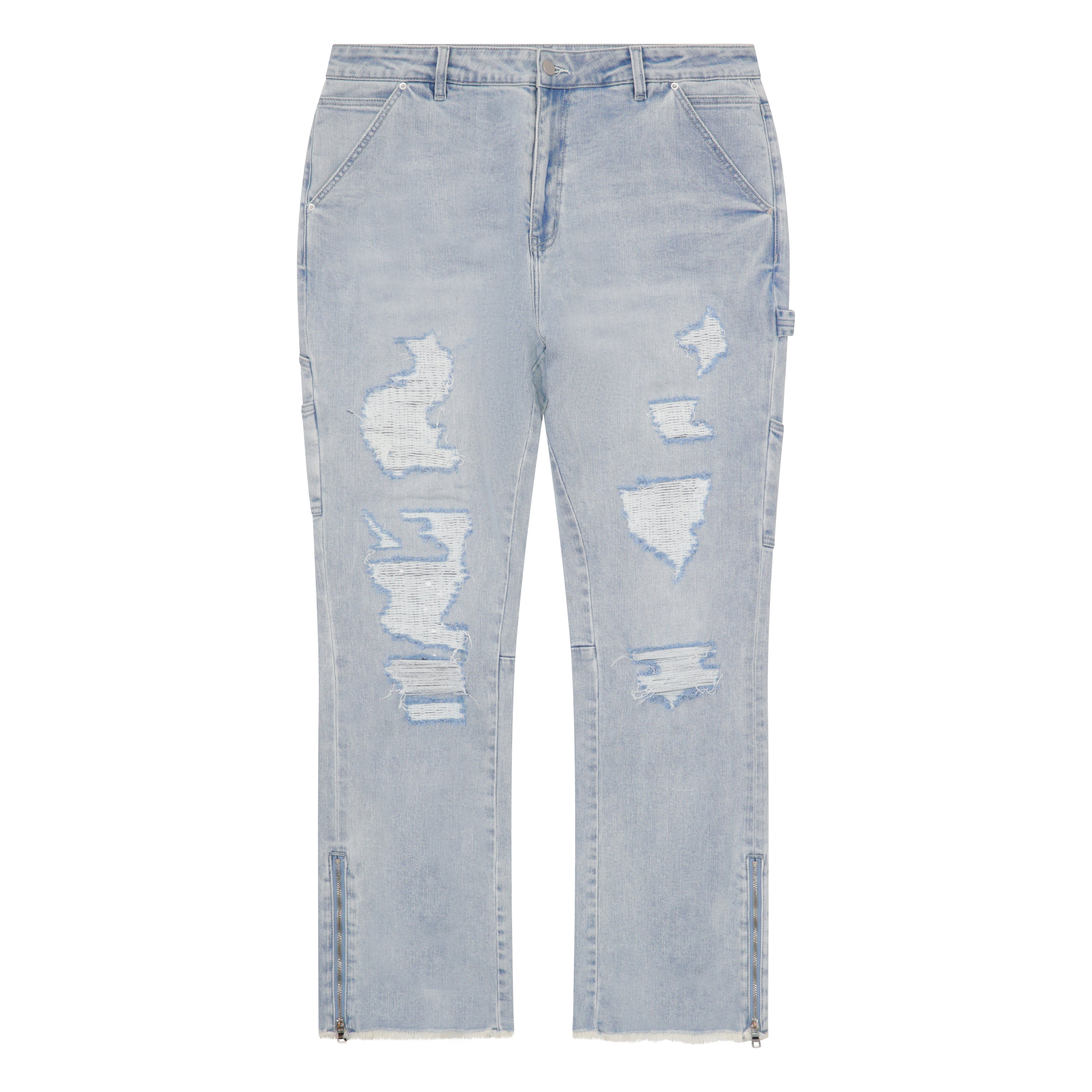 distress grey washed flare jeans with bottom adjustable zips