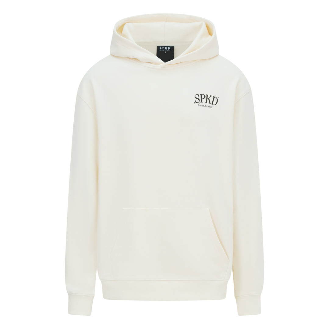 Beige hoodie with black logo reading la vie des reves