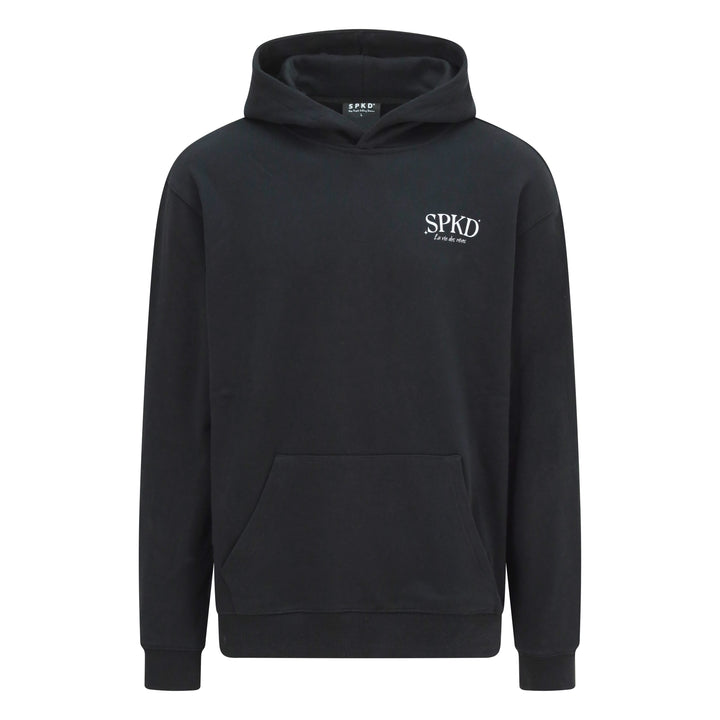 Black hoodie with white logo reading la vie des reves