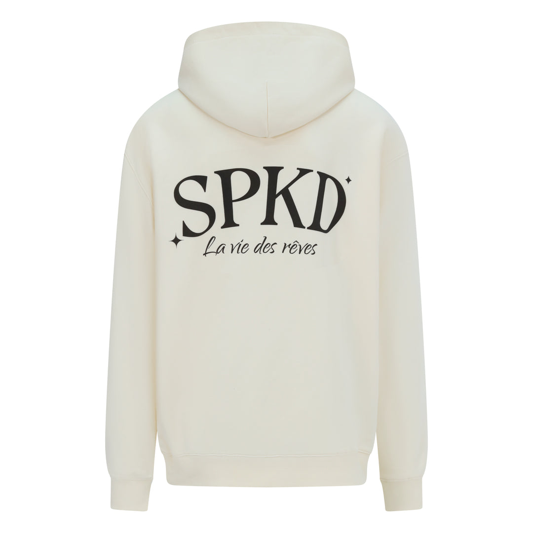 Beige hoodie with black logo reading la vie des reves