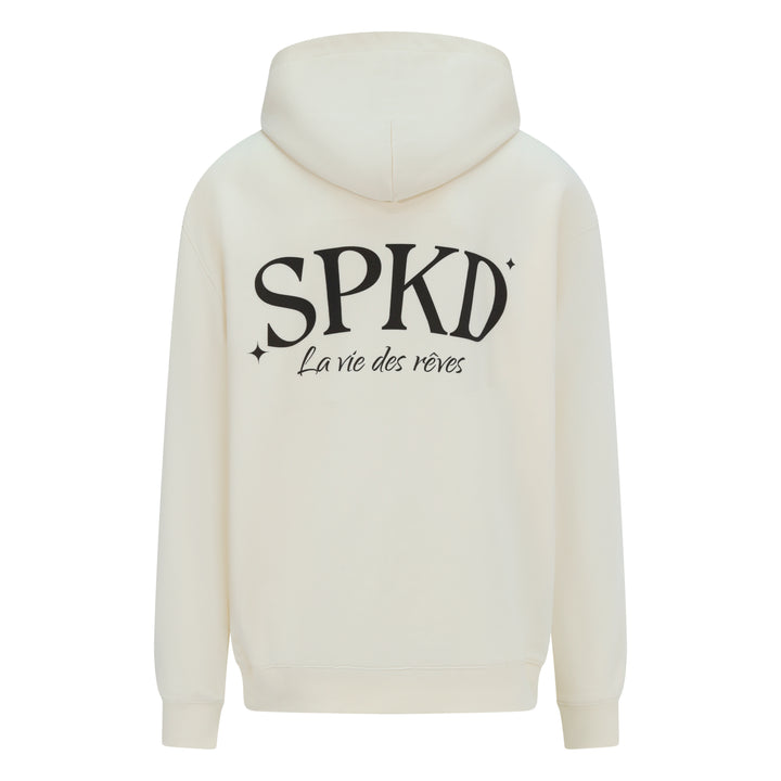 Beige hoodie with black logo reading la vie des reves