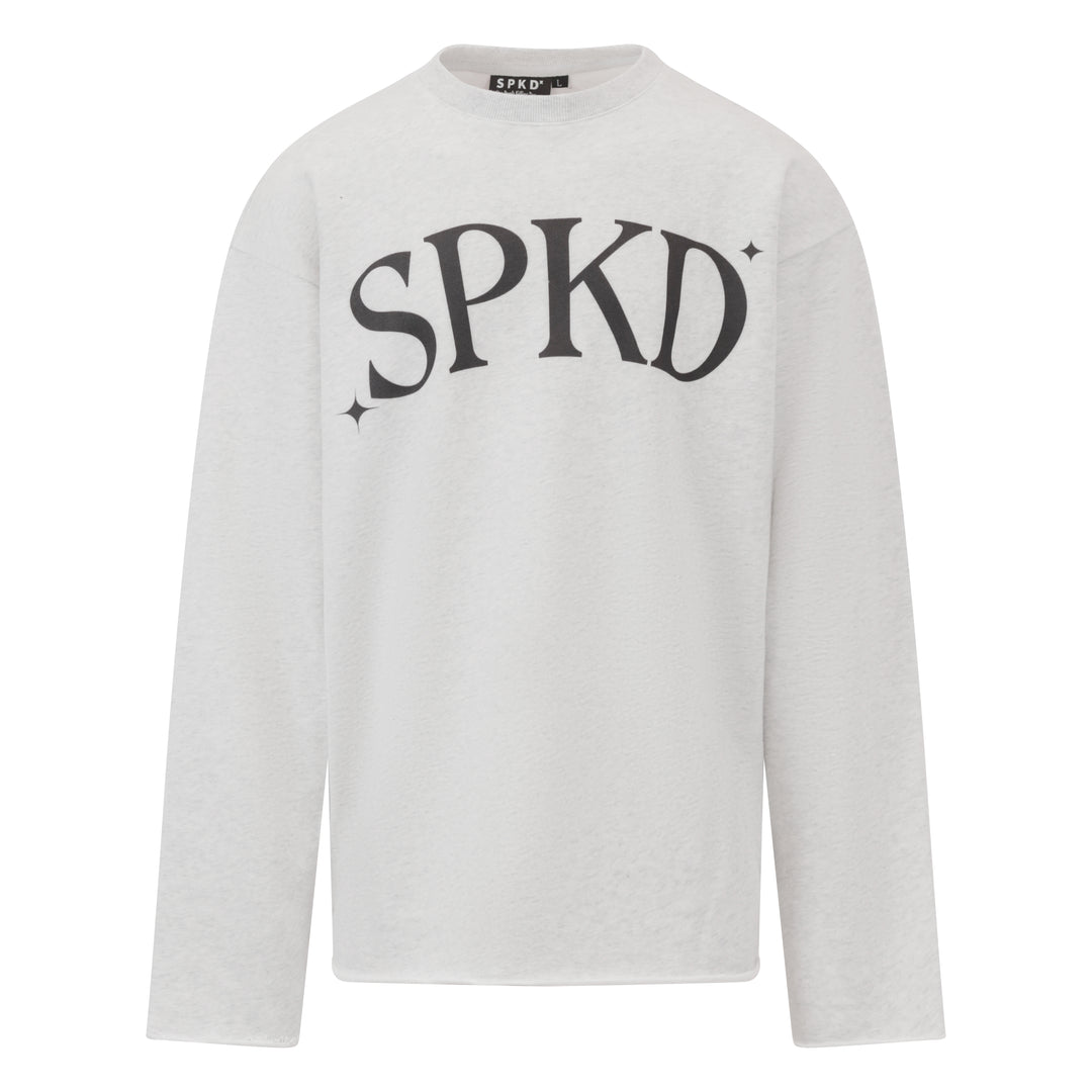 grey essential jumper with black logo reading SPKD with stars