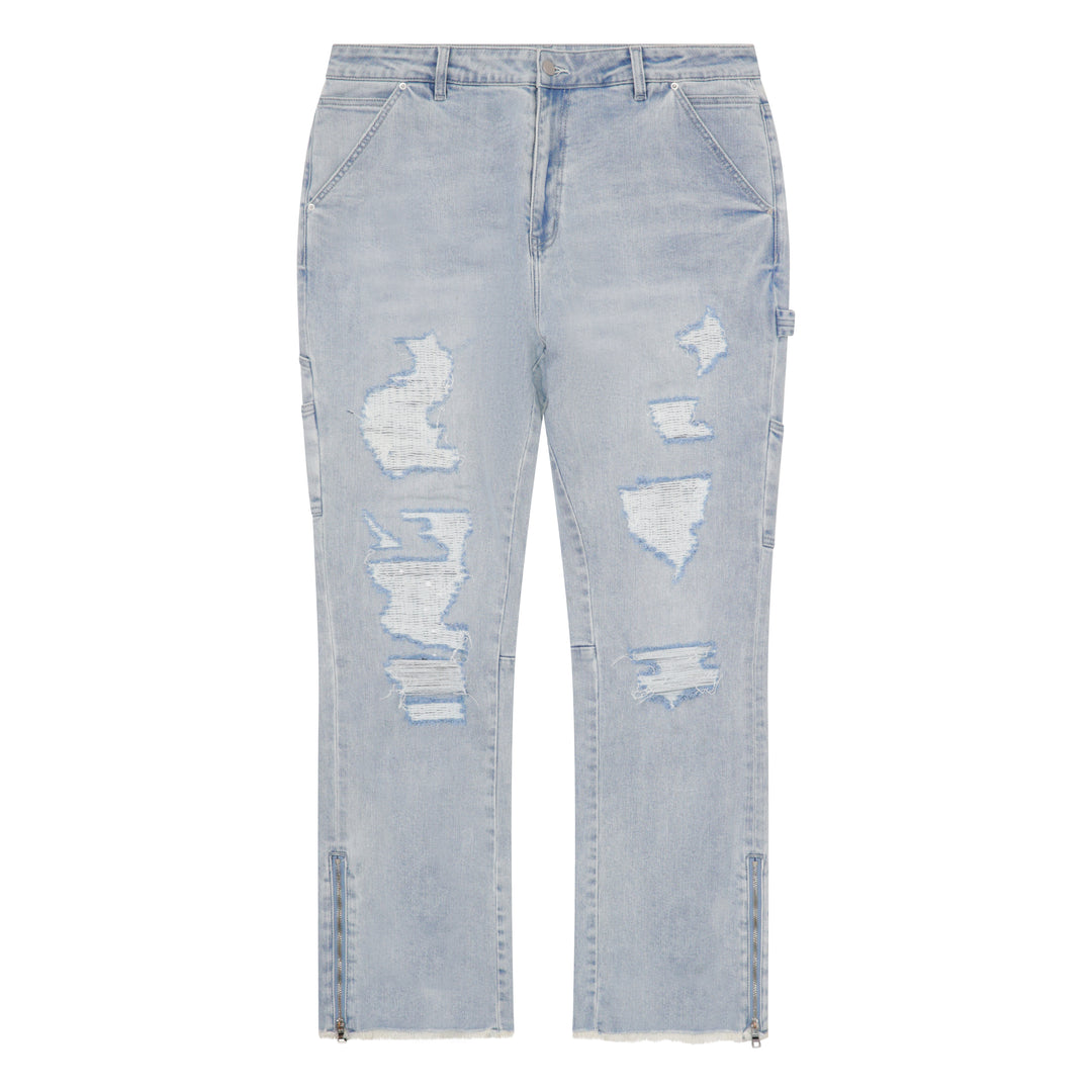 distress grey washed flare jeans with bottom adjustable zips