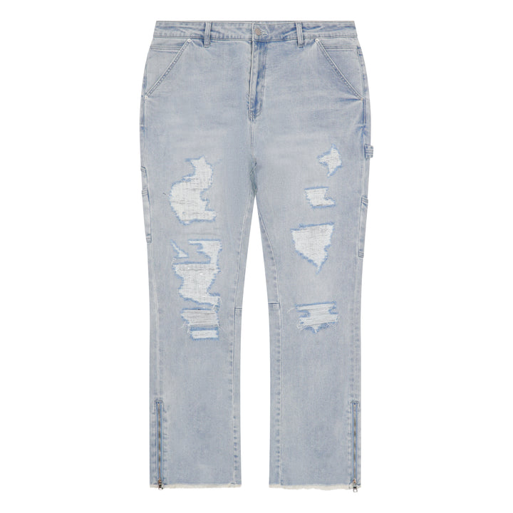 distress grey washed flare jeans with bottom adjustable zips